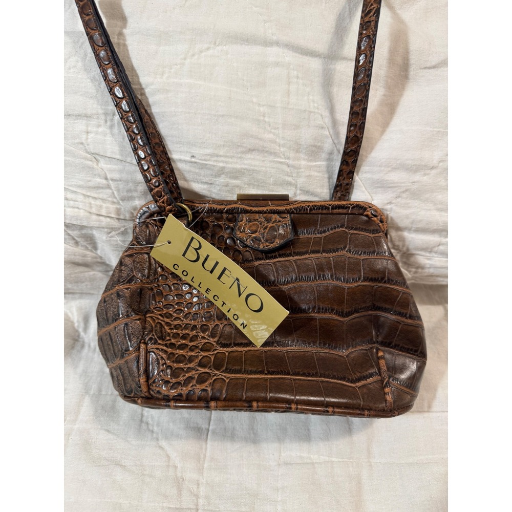 NWT VNTG Bueno Collection Brown Hornback Croc Embossed Crossbody Bag Kiss Lock